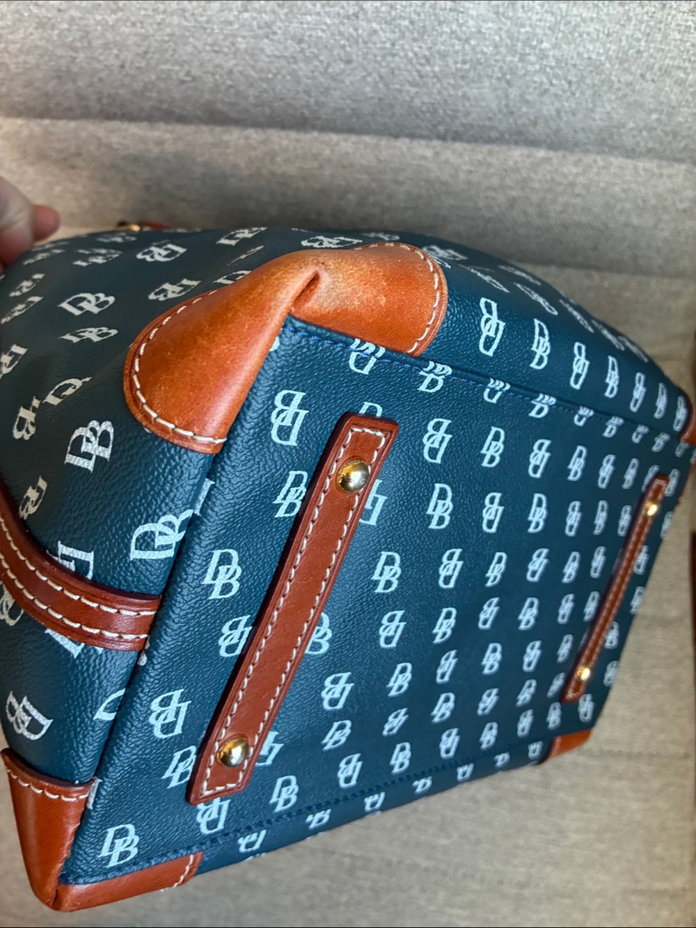 Dooney & Bourke Large Signature Monogram Zip Satchel Navy Blue & White Leather - Picture 16 of 16